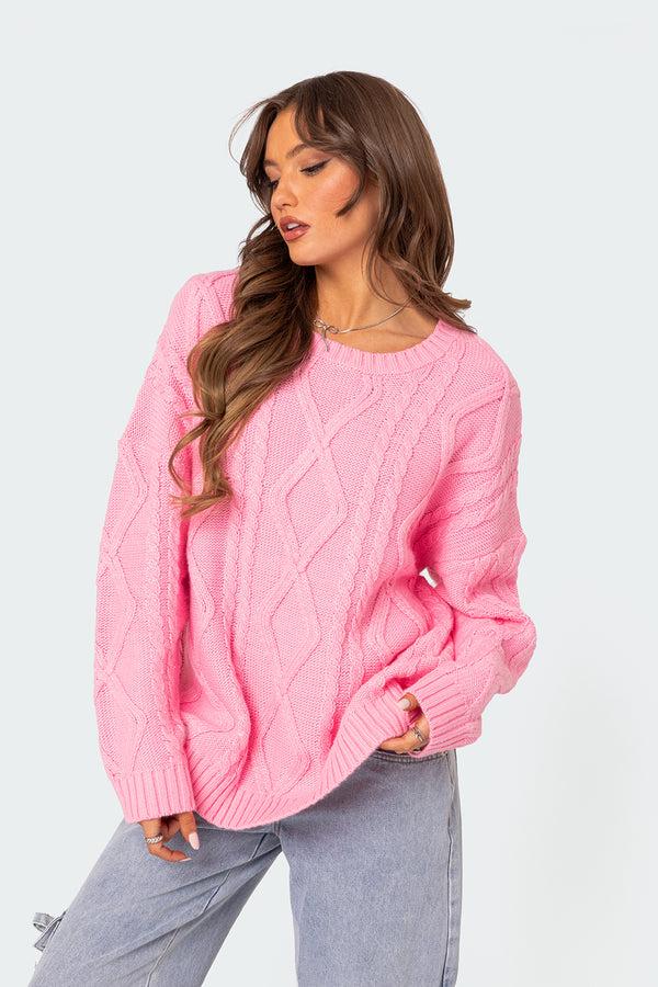 Edikted Kennedy Oversized Cable Knit Sweater Pink