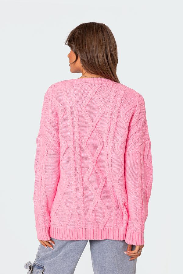 Edikted Kennedy Oversized Cable Knit Sweater Pink
