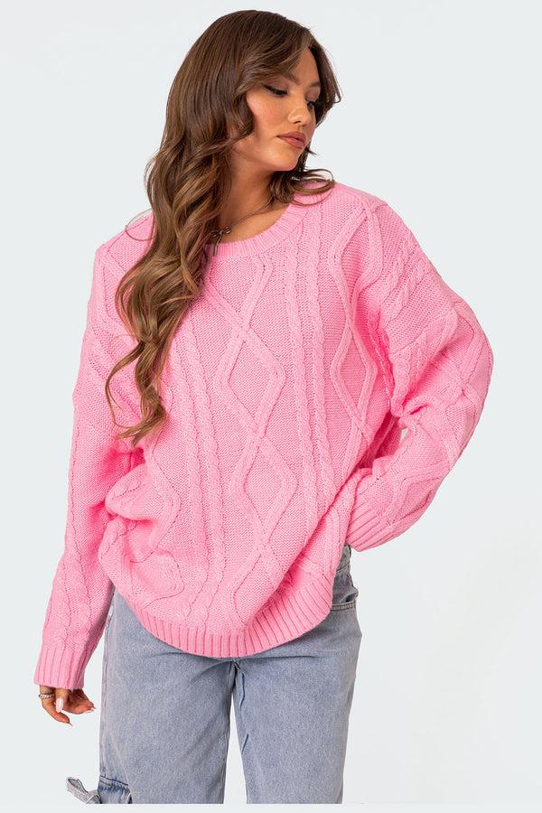 edikted Kennedy Oversized Cable Knit Sweater pink