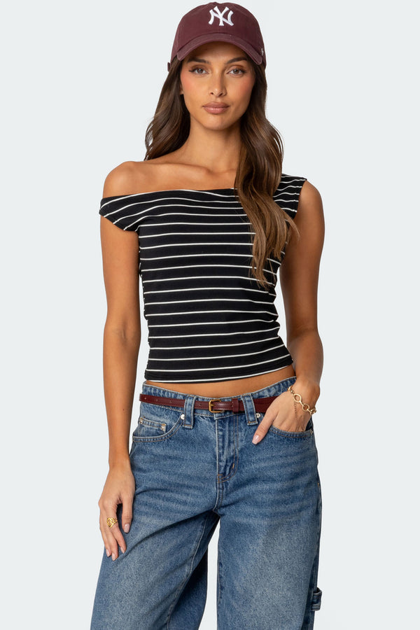 edikted Keryn Striped Asymmetric Top black