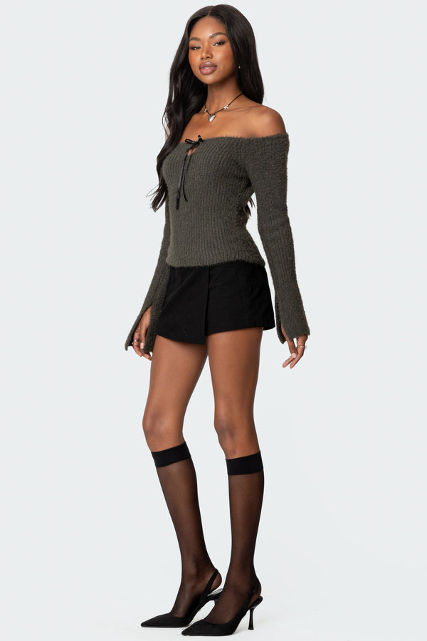 Edikted Keyhole Off Shoulder Ribbed Knit Top Gray