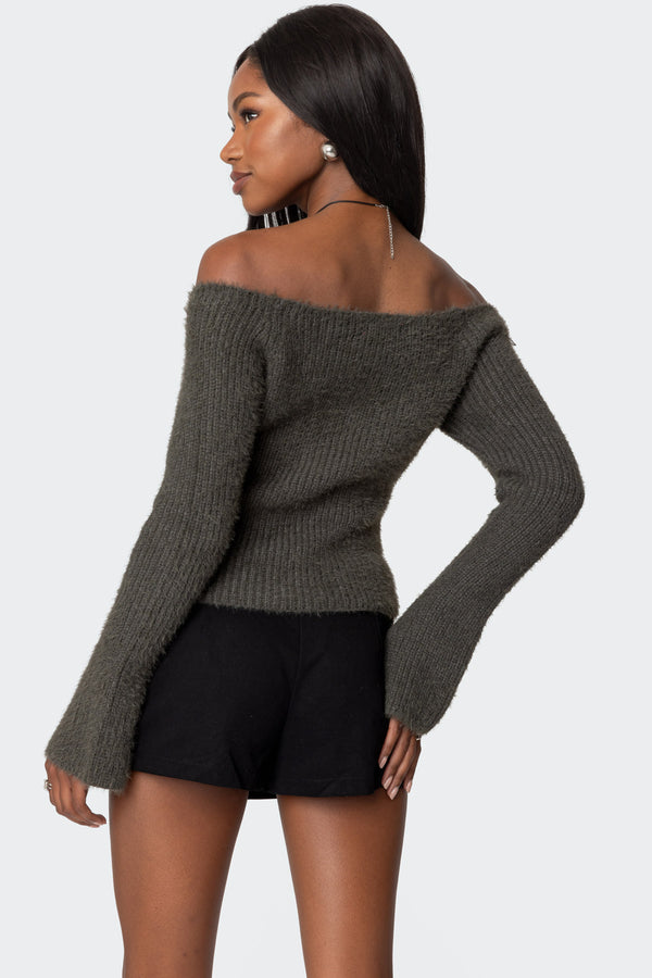 Edikted Keyhole Off Shoulder Ribbed Knit Top Gray