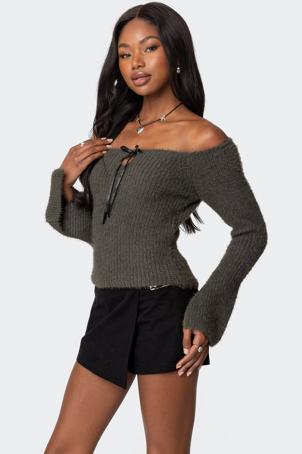 Edikted Keyhole Off Shoulder Ribbed Knit Top Gray
