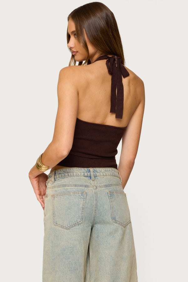 Edikted Kez Belted Knit Halter Top Brown