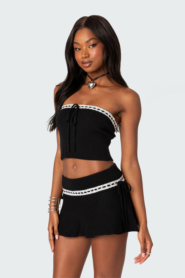 Edikted Khloe Lacey Ribbon Knit Tube Top Black