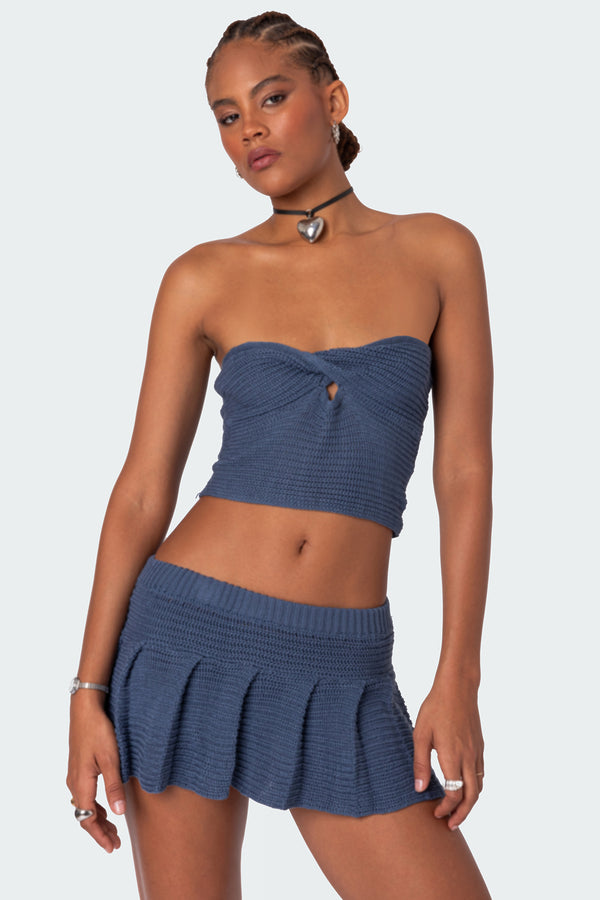 edikted Kiera Twist Front Knit Tube Top navy