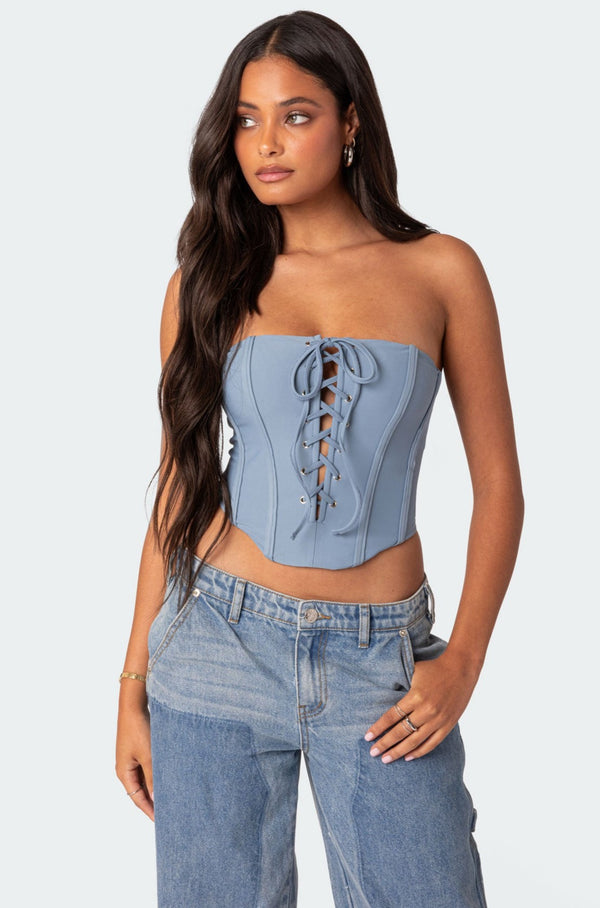 edikted Kilah Lace Up Corset blue