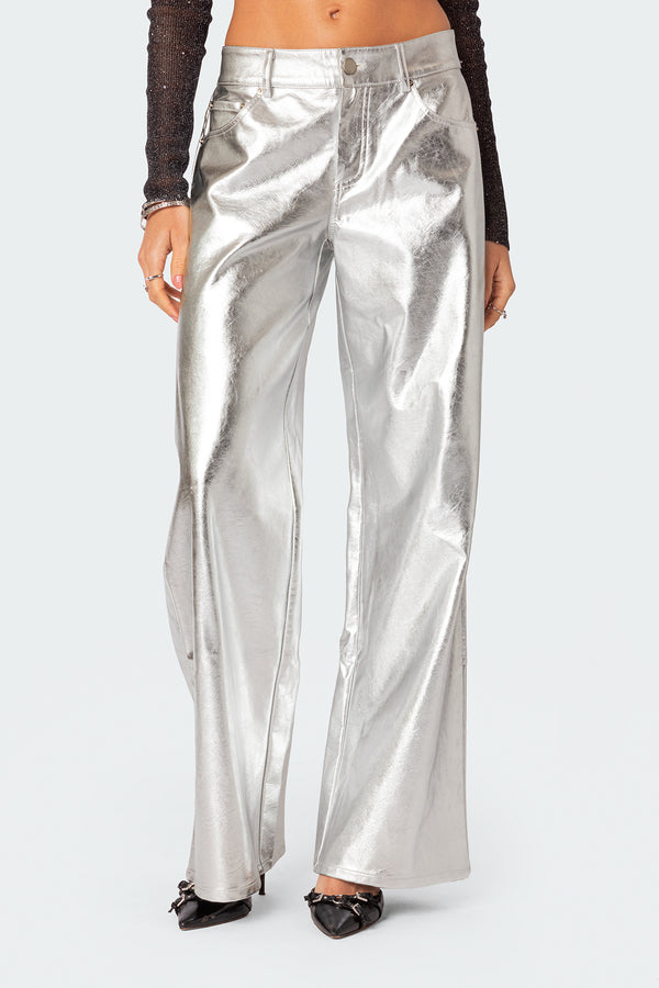 Edikted Kim Metallic Faux Leather Pants Silver