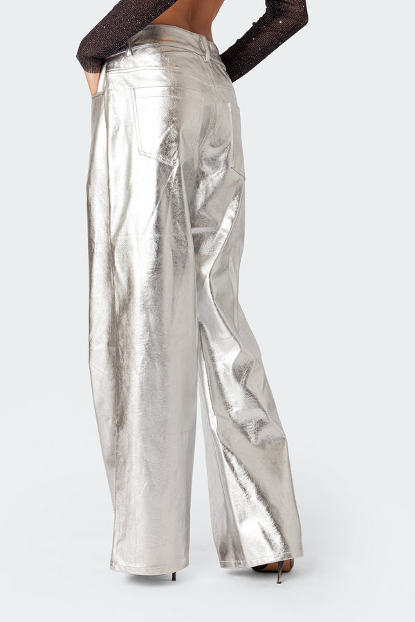 Edikted Kim Metallic Faux Leather Pants Silver