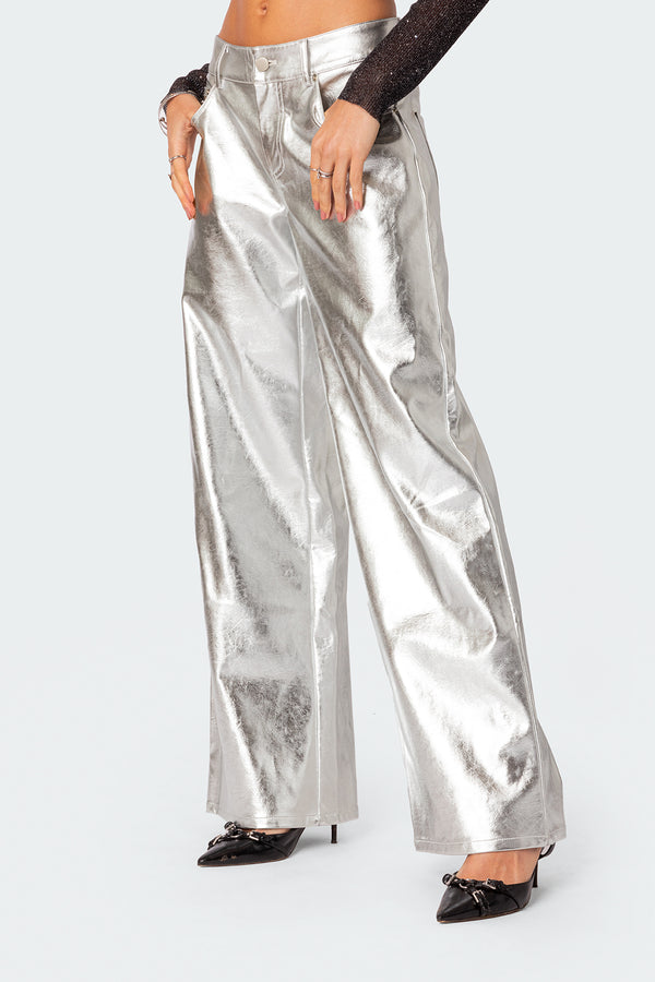 Edikted Kim Metallic Faux Leather Pants Silver