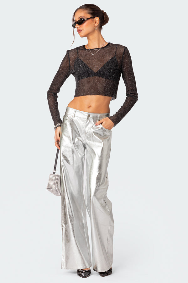 edikted Kim Metallic Faux Leather Pants silver