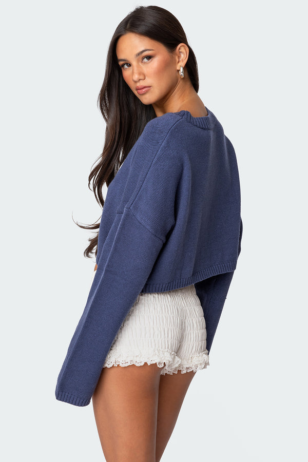 Edikted Knit Bow Cropped Sweater Navy