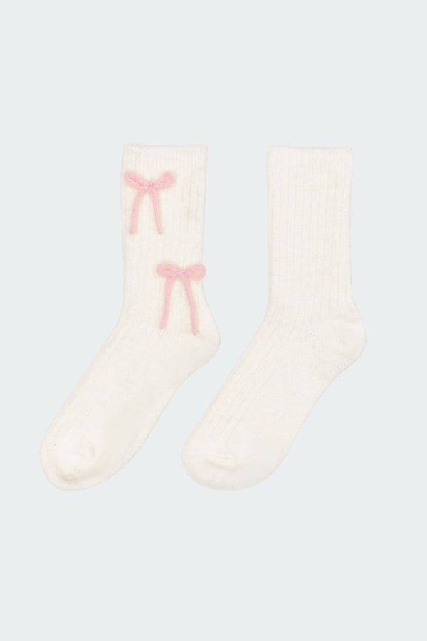Edikted Knit Bow Fuzzy Socks White And Pink