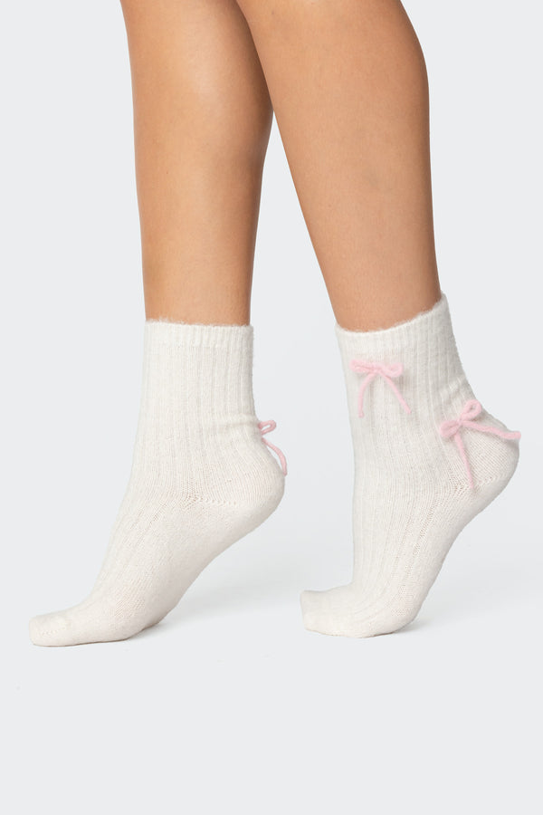 edikted Knit Bow Fuzzy Socks white and pink