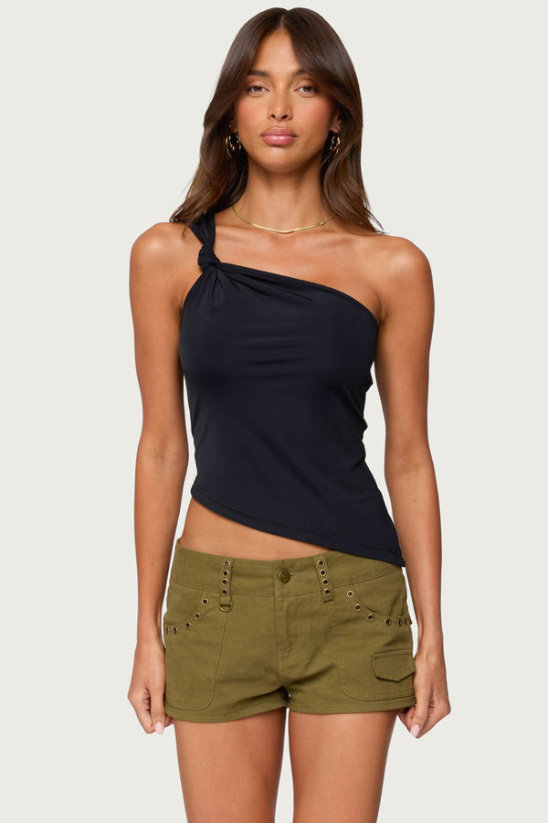 edikted Knotted One Shoulder Asymmetric Top black