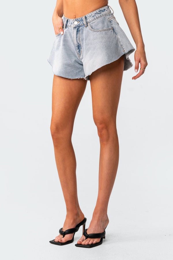 Edikted Koi Flared Denim Shorts Blue