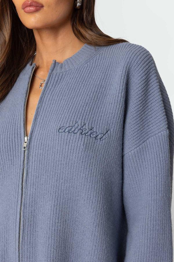 Edikted Kris Ribbed Knit Zip Up Sweater Blue
