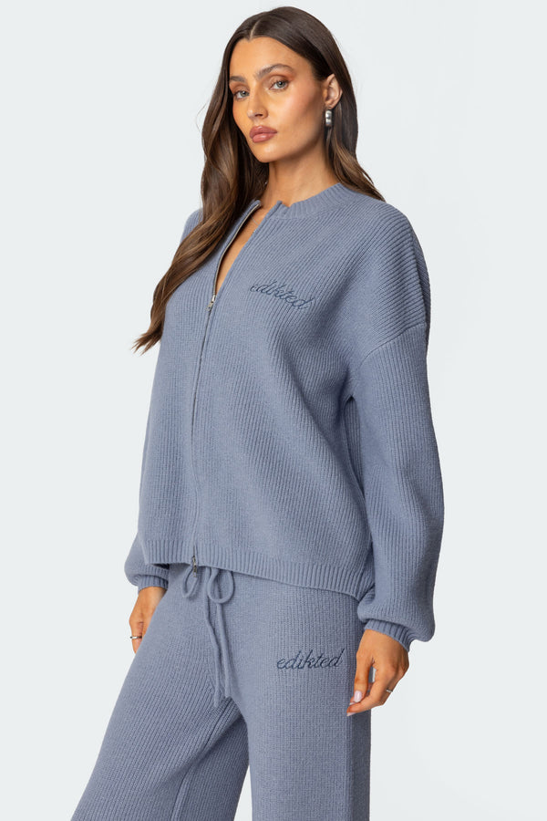 Edikted Kris Ribbed Knit Zip Up Sweater Blue