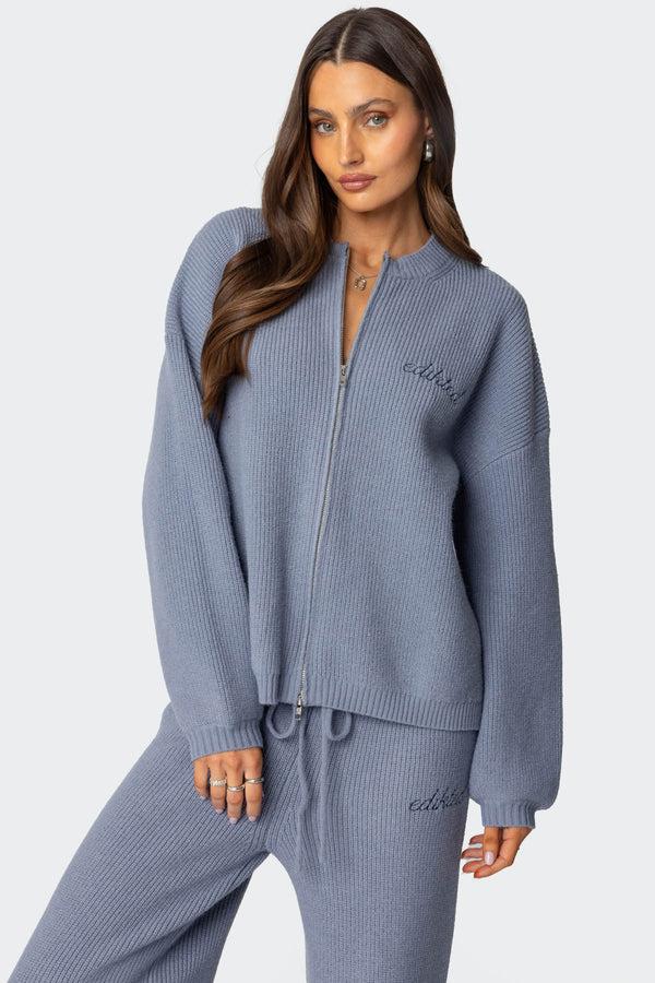 edikted Kris Ribbed Knit Zip Up Sweater blue