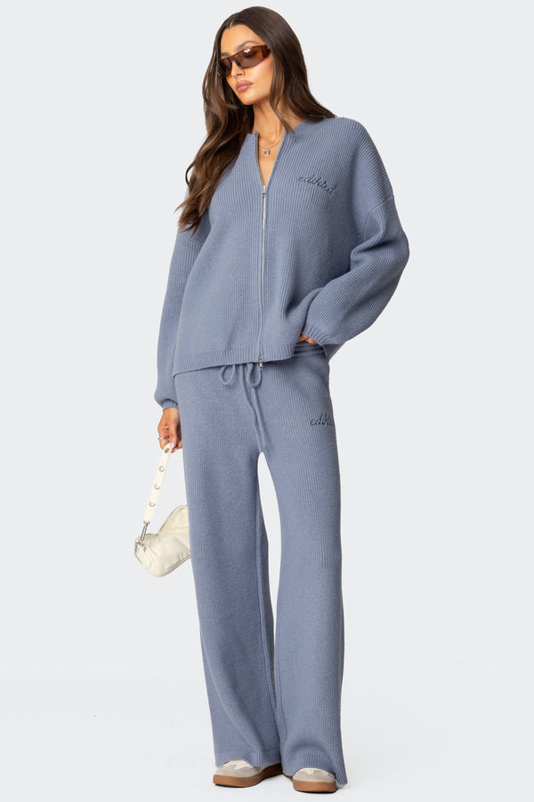 Edikted Kris Ribbed Knit Zip Up Sweater Blue