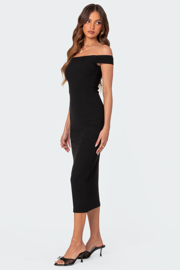 Edikted Kyla Off Shoulder Ribbed Midi Dress Black