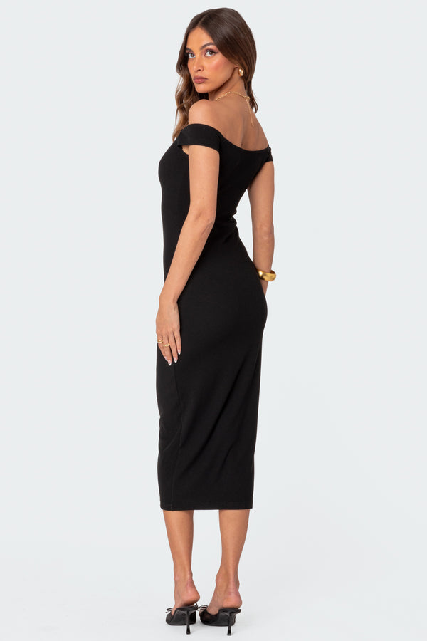 Edikted Kyla Off Shoulder Ribbed Midi Dress Black