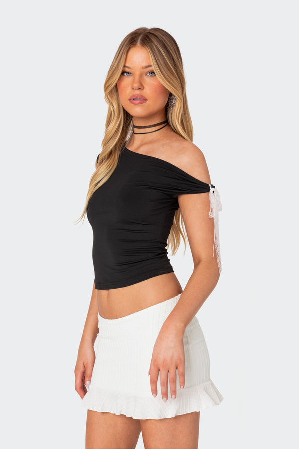 Edikted Lace Bow Asymmetric Top Black
