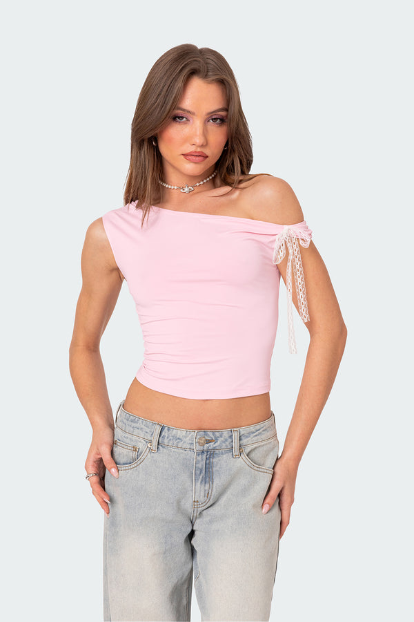 Edikted Lace Bow Asymmetric Top Pink