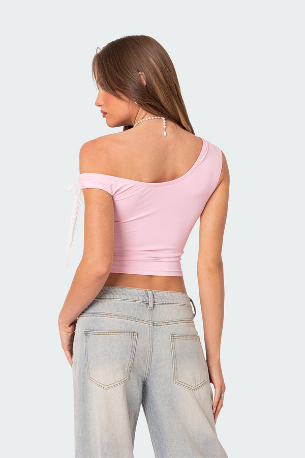Edikted Lace Bow Asymmetric Top Pink