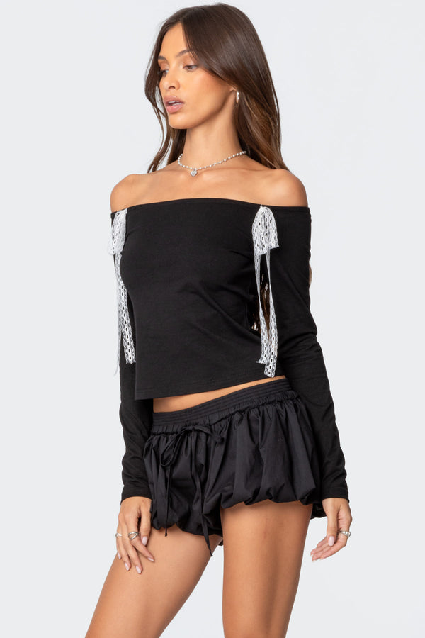 Edikted Lace Bow Off Shoulder Top Black