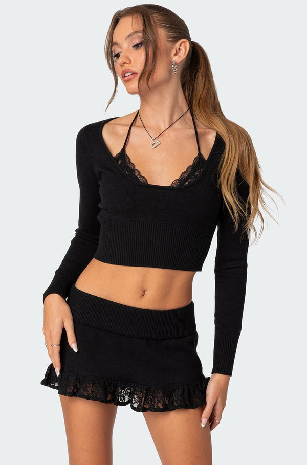 edikted Lace Bra Detail Knit Top black