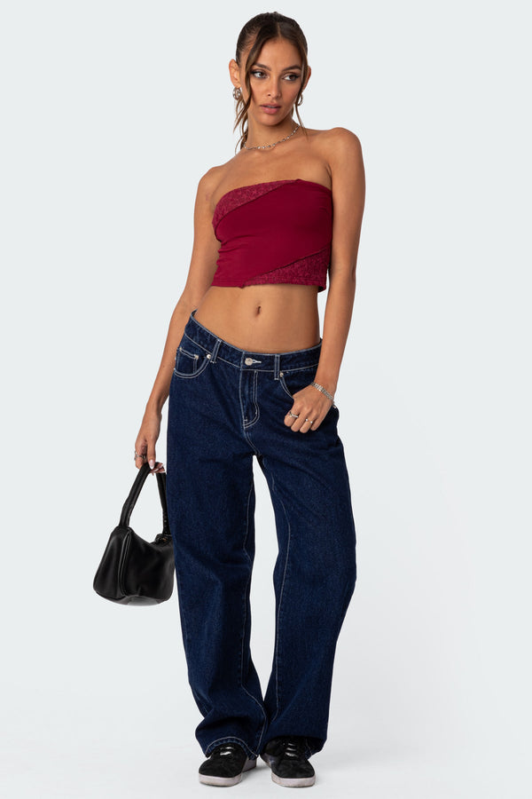 Edikted Lace Patchwork Tube Top Burgundy