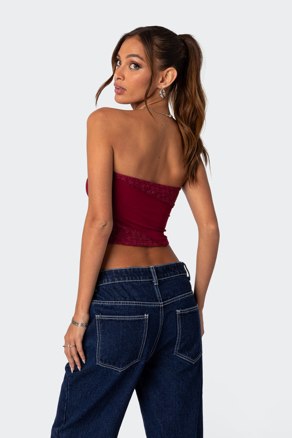 Edikted Lace Patchwork Tube Top Burgundy