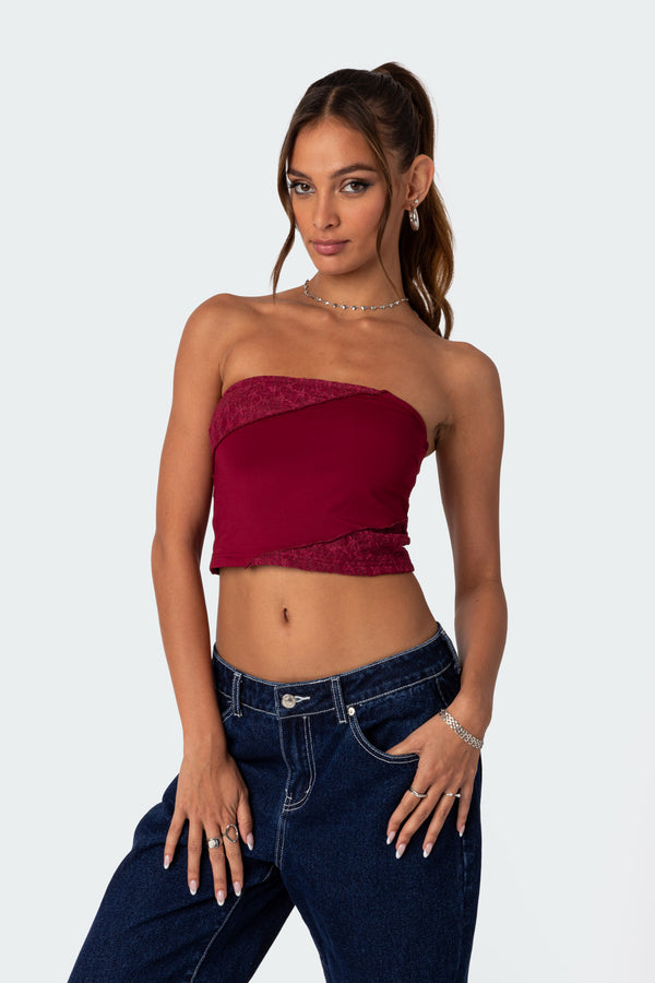 Edikted Lace Patchwork Tube Top Burgundy
