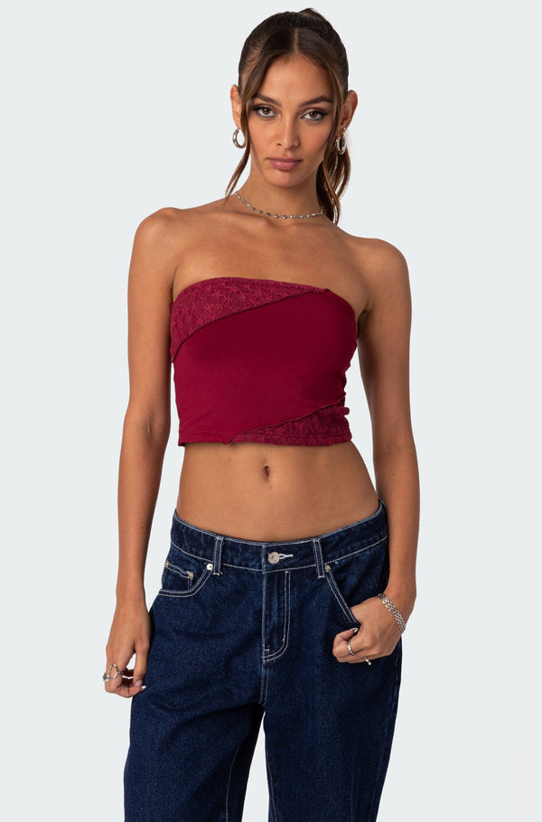 edikted Lace Patchwork Tube Top burgundy