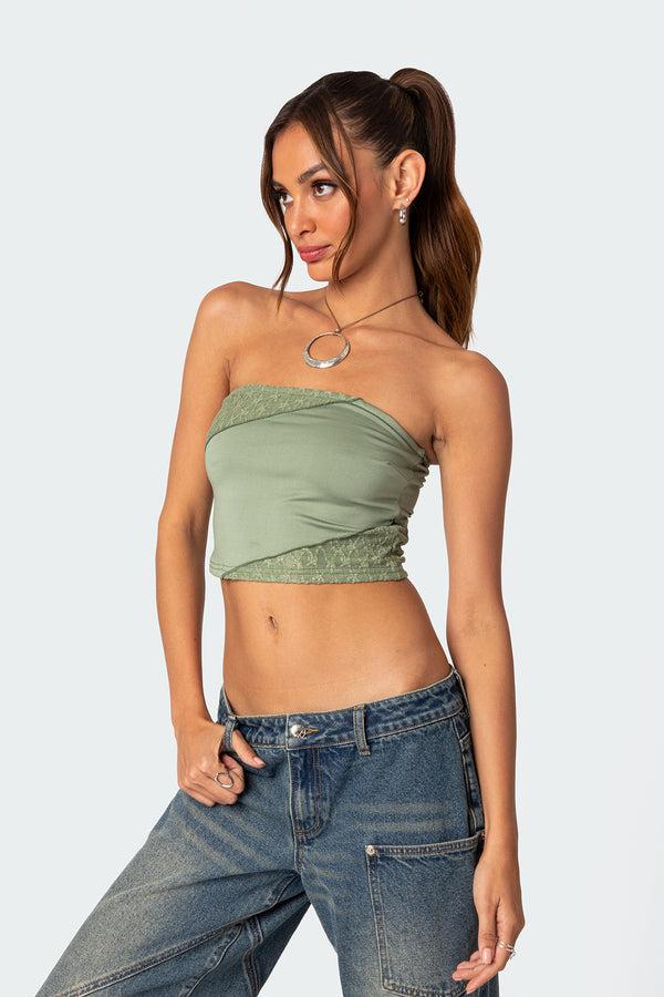 Edikted Lace Patchwork Tube Top Green