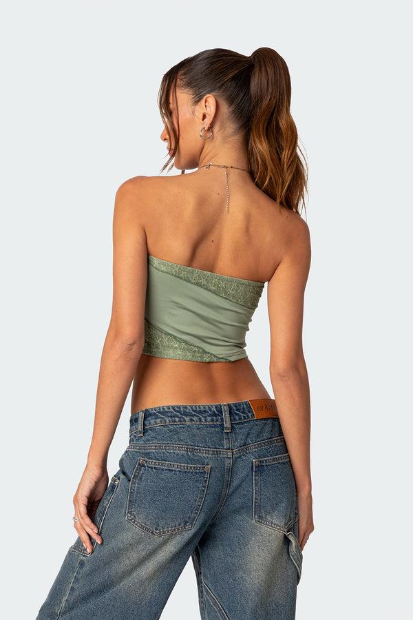 Edikted Lace Patchwork Tube Top Green