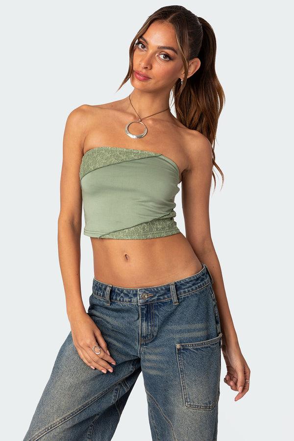 edikted Lace Patchwork Tube Top green