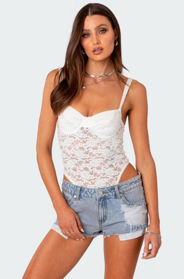 edikted Lace & Satin Effect Cupped Bodysuit white