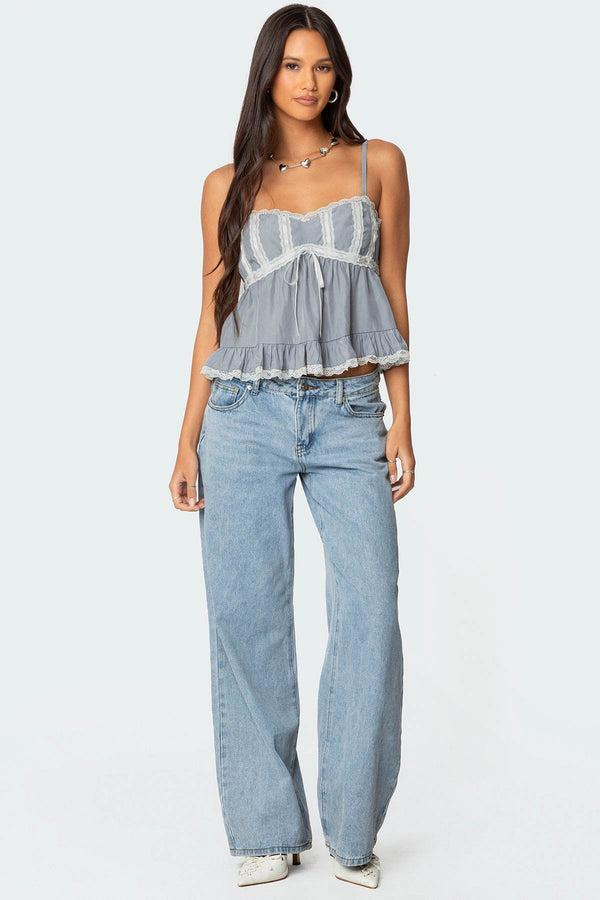 Edikted Lace Trim Babydoll Tank Top Gray