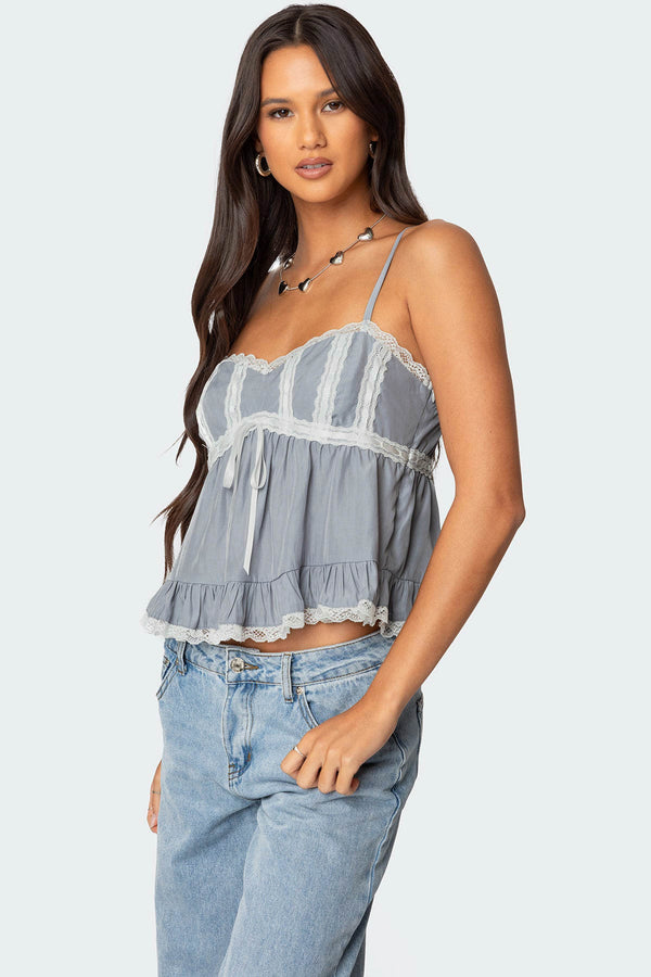 Edikted Lace Trim Babydoll Tank Top Gray