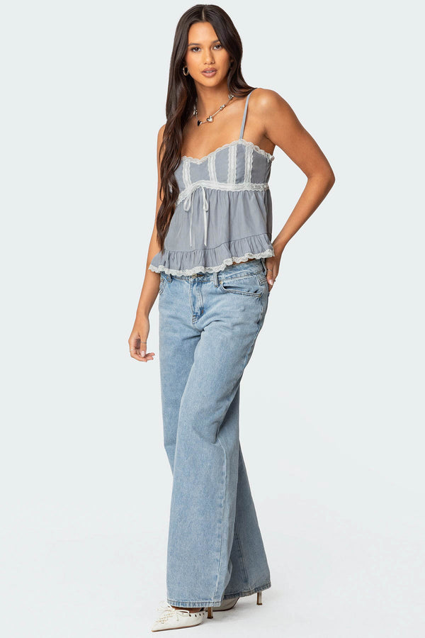 Edikted Lace Trim Babydoll Tank Top Gray