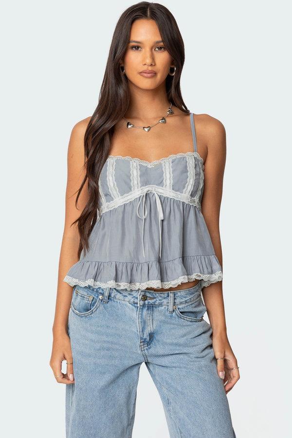 edikted Lace Trim Babydoll Tank Top gray