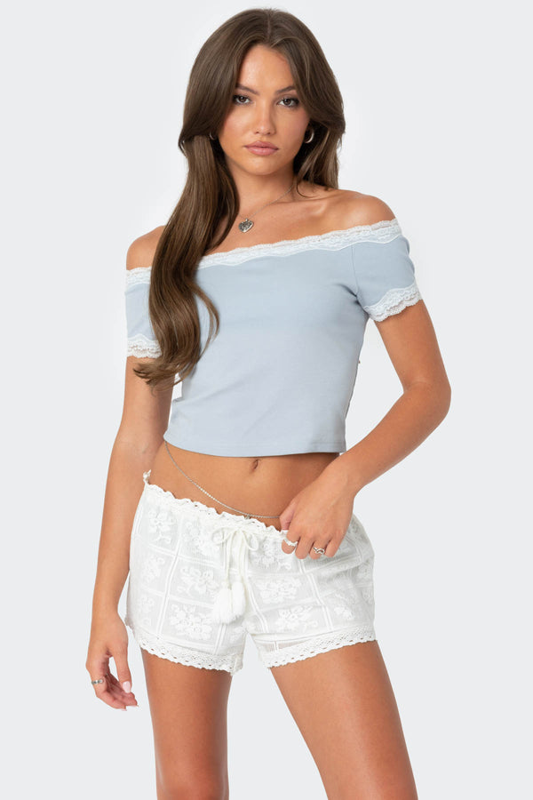 edikted Lace Trim Off Shoulder Top light blue