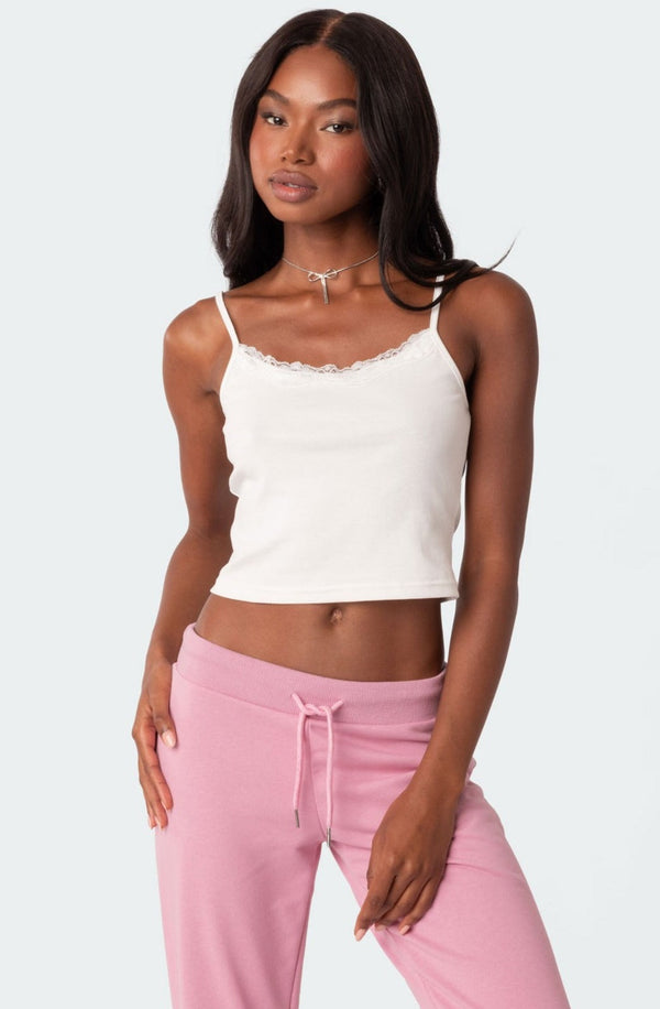 edikted Lace Trim Ribbed Tank Top white