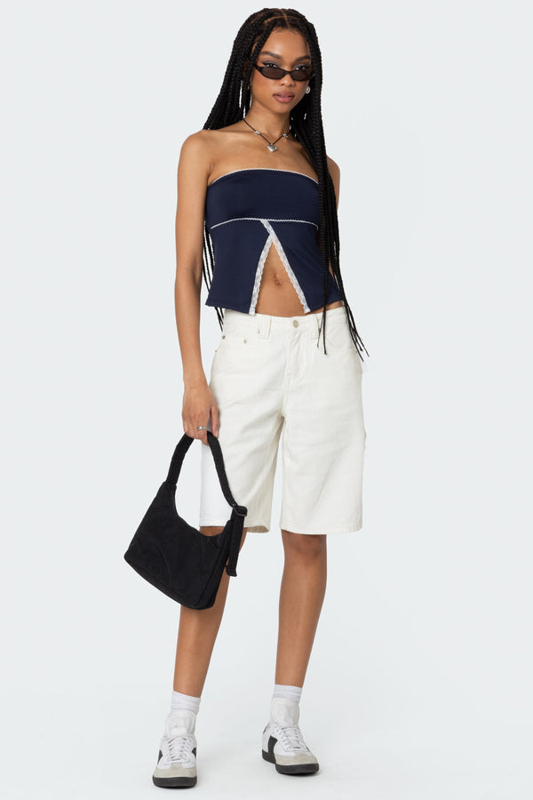 Edikted Lace Trim Split Front Tube Top Navy