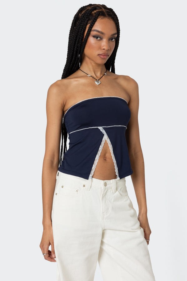 Edikted Lace Trim Split Front Tube Top Navy