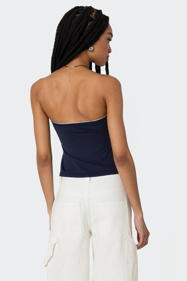 Edikted Lace Trim Split Front Tube Top Navy
