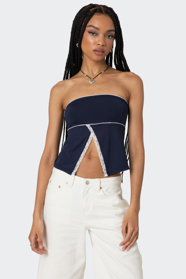 edikted Lace Trim Split Front Tube Top navy