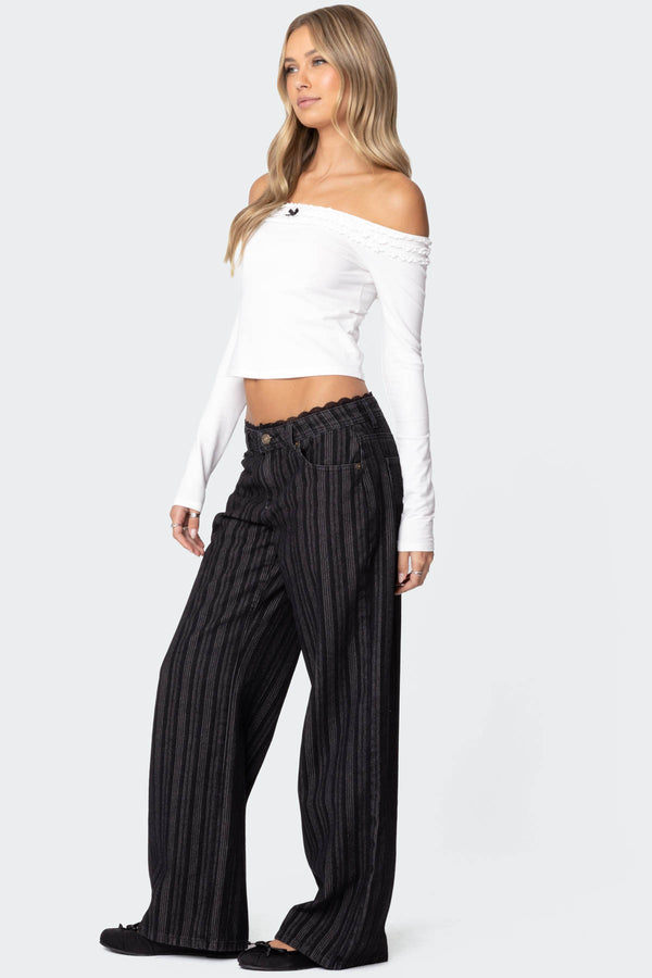 Edikted Lace Trim Striped Low Rise Jeans Black